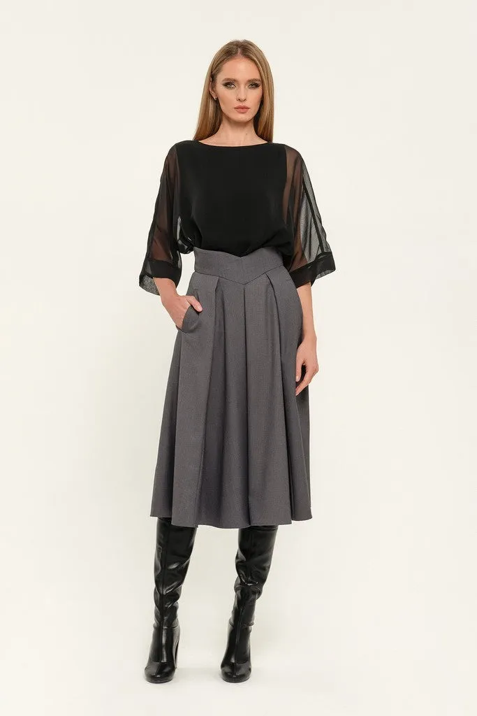 Dark grey Day Cirkle High Waist Below Knee Skirt with Pockets
