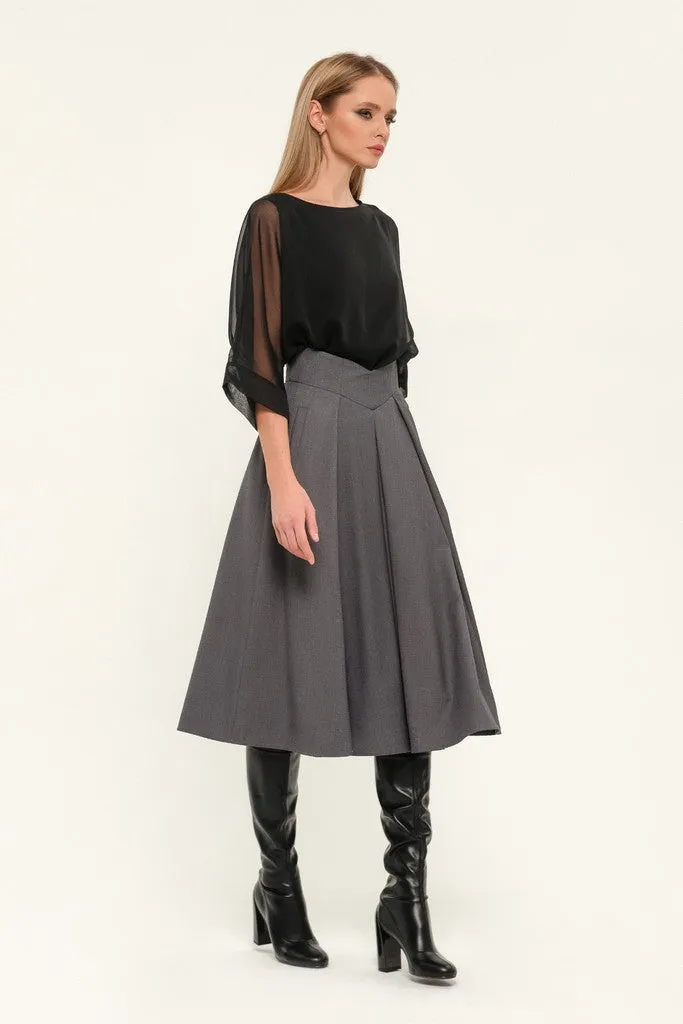 Dark grey Day Cirkle High Waist Below Knee Skirt with Pockets