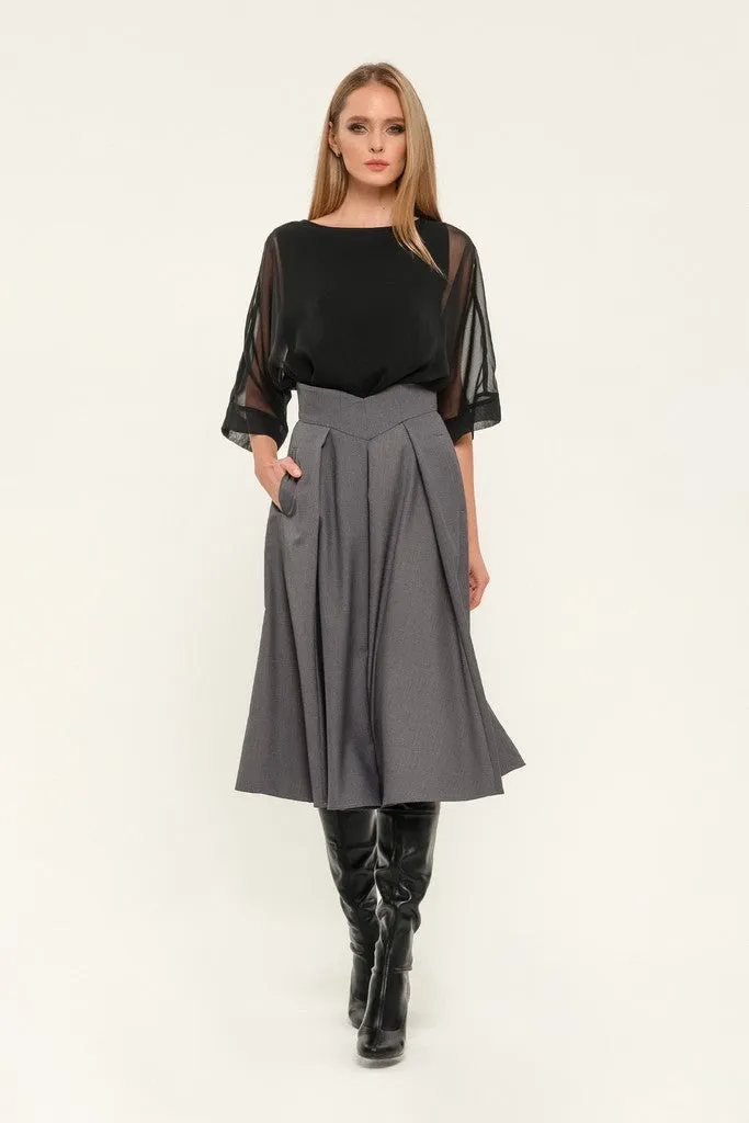 Dark grey Day Cirkle High Waist Below Knee Skirt with Pockets
