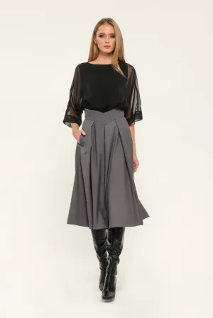 Dark grey Day Cirkle High Waist Below Knee Skirt with Pockets