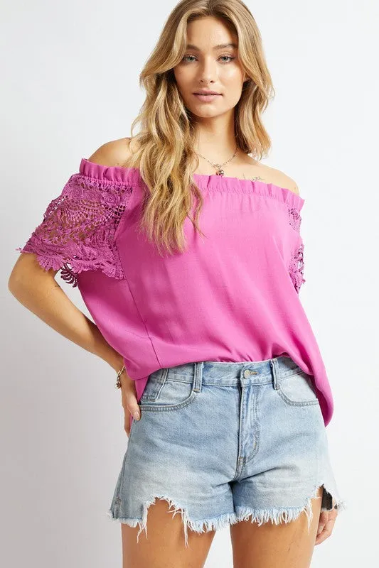 Davi & Dani Crochet Lace Sleeveless Accent Off Shoulder Top