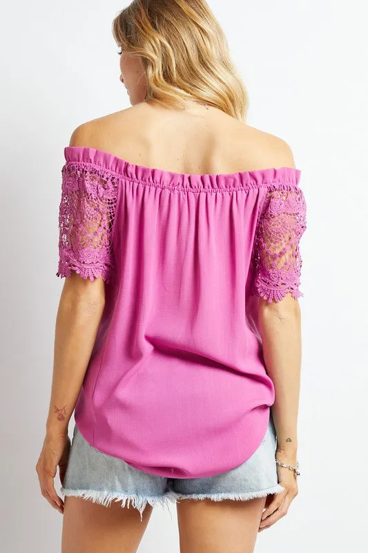 Davi & Dani Crochet Lace Sleeveless Accent Off Shoulder Top