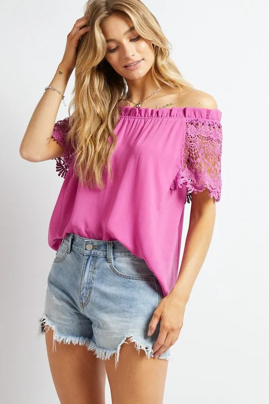 Davi & Dani Crochet Lace Sleeveless Accent Off Shoulder Top