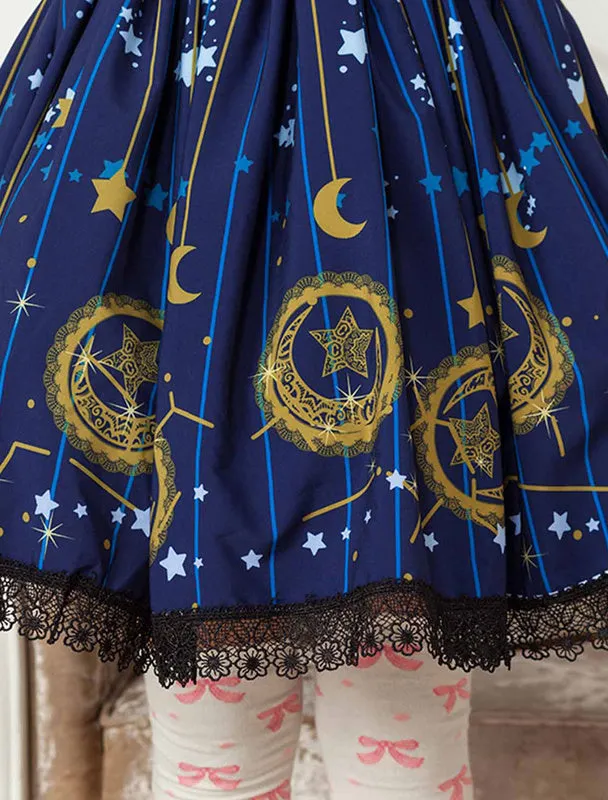 Deep Blue Star Printed Polyester Lolita Skirt for Girls
