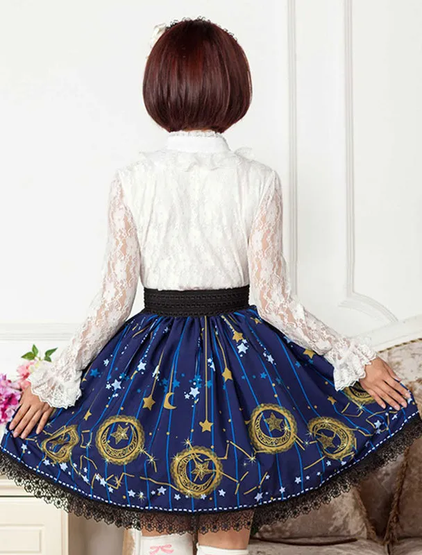 Deep Blue Star Printed Polyester Lolita Skirt for Girls