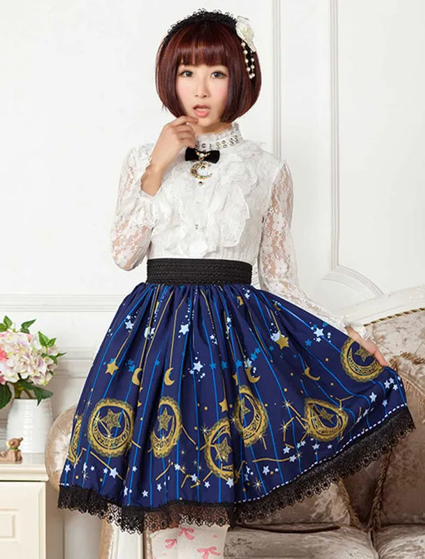 Deep Blue Star Printed Polyester Lolita Skirt for Girls