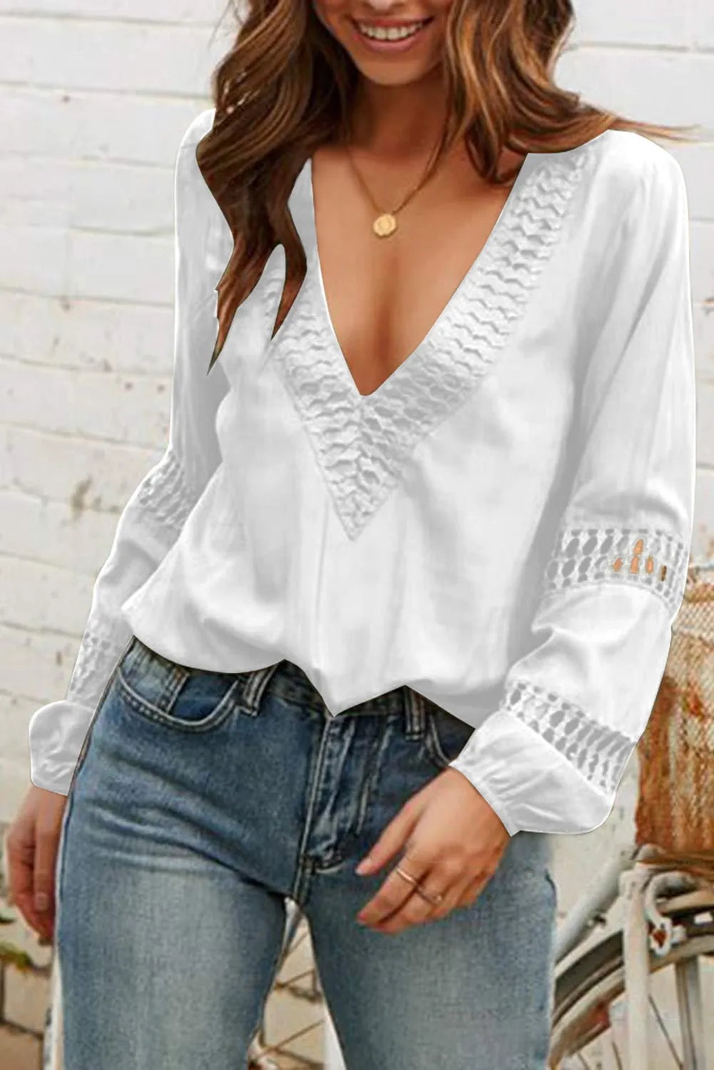 Deep V Neck Crochet Hollow-out Blouse