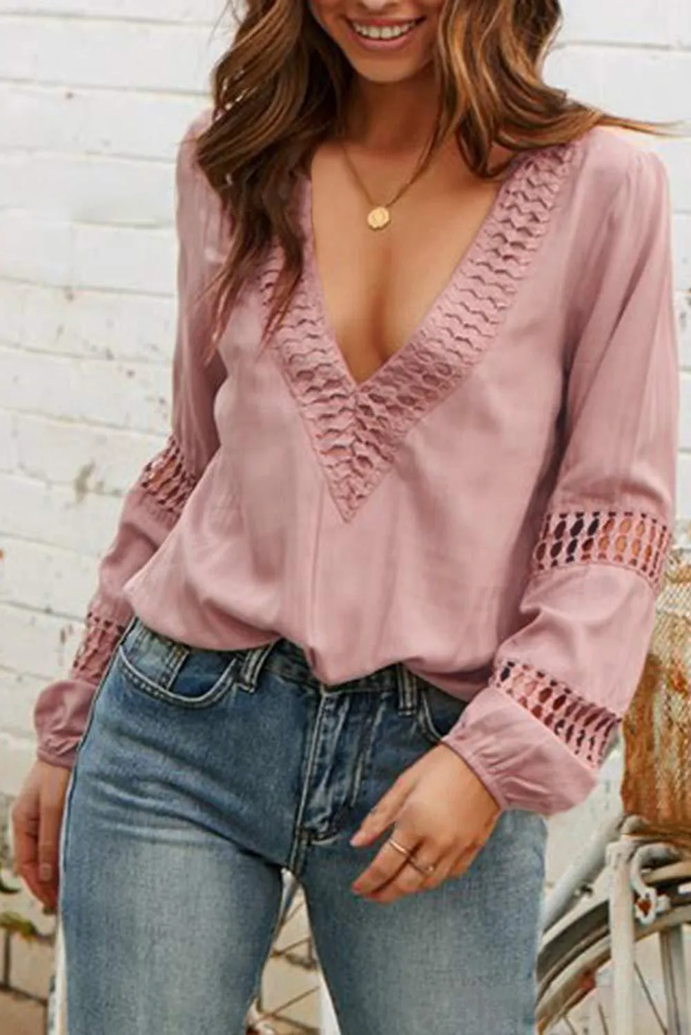 Deep V Neck Crochet Hollow-out Blouse