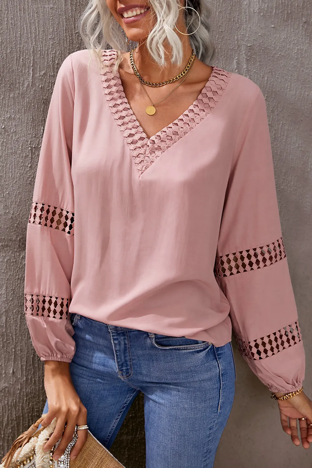 Deep V Neck Crochet Hollow-out Blouse