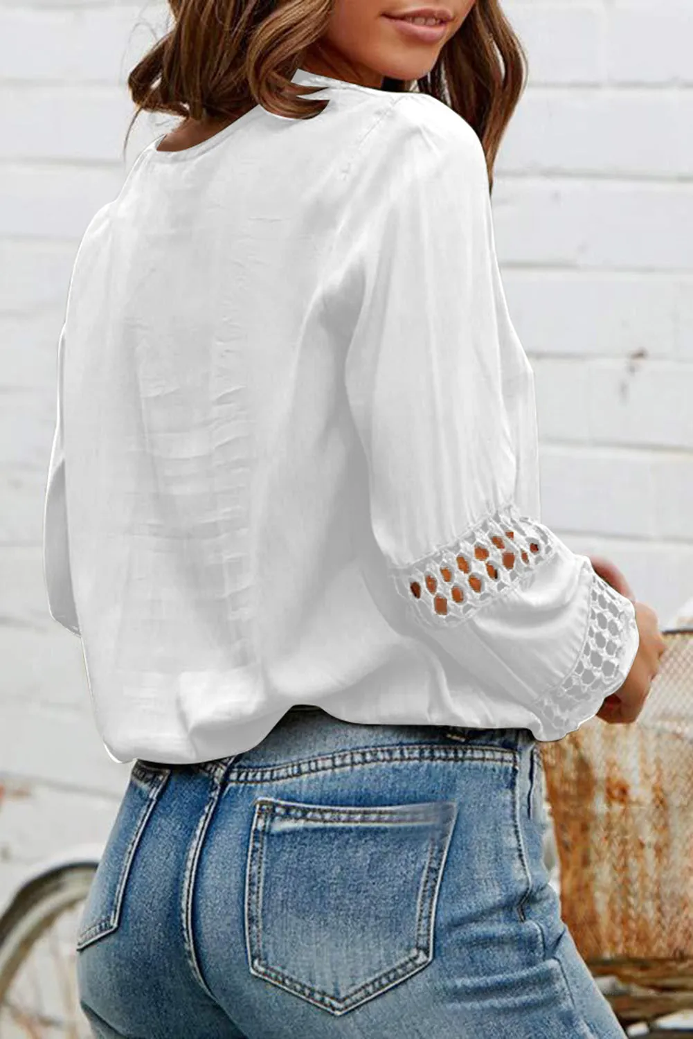 Deep V Neck Crochet Hollow-out Blouse