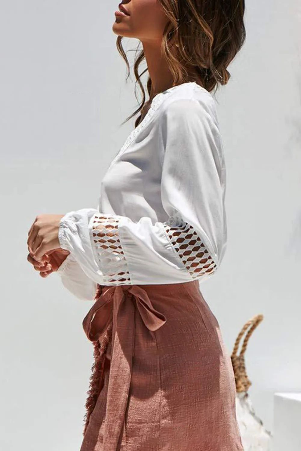 Deep V Neck Crochet Hollow-out Blouse