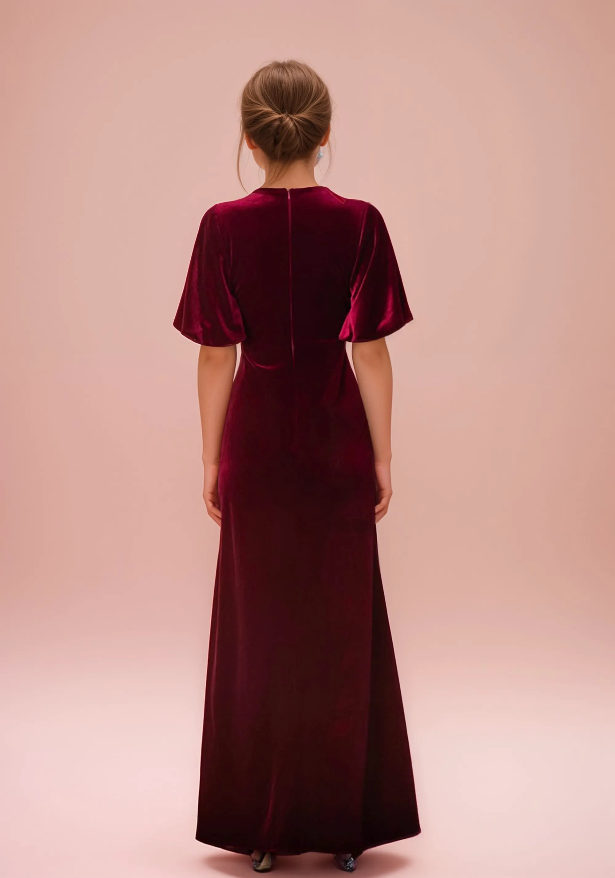 Deep V Neck Ruffled Tulle Hem Short Sleeves A-Line Velvet Prom Dress