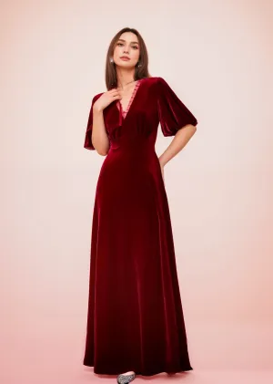 Deep V Neck Ruffled Tulle Hem Short Sleeves A-Line Velvet Prom Dress