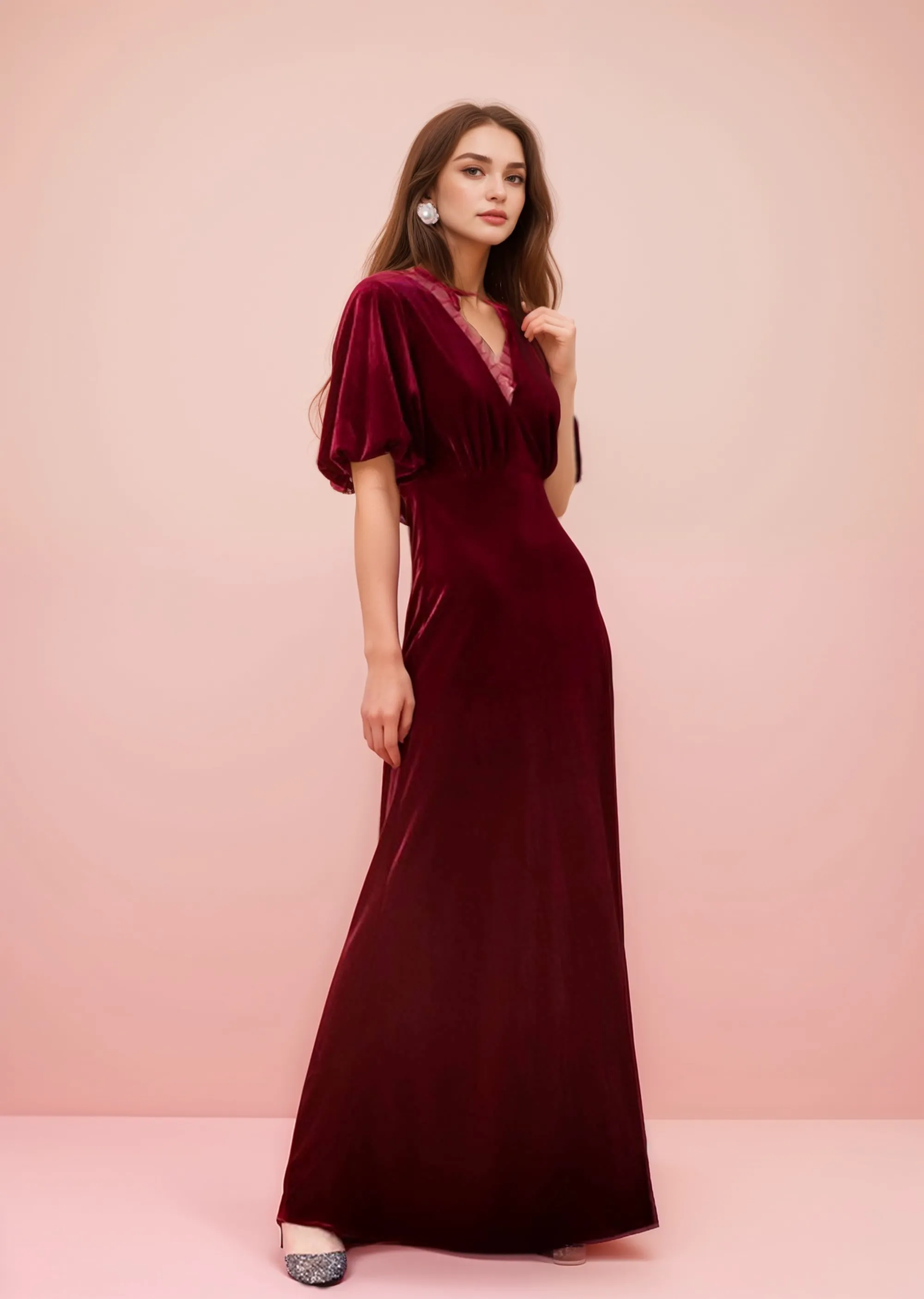 Deep V Neck Ruffled Tulle Hem Short Sleeves A-Line Velvet Prom Dress
