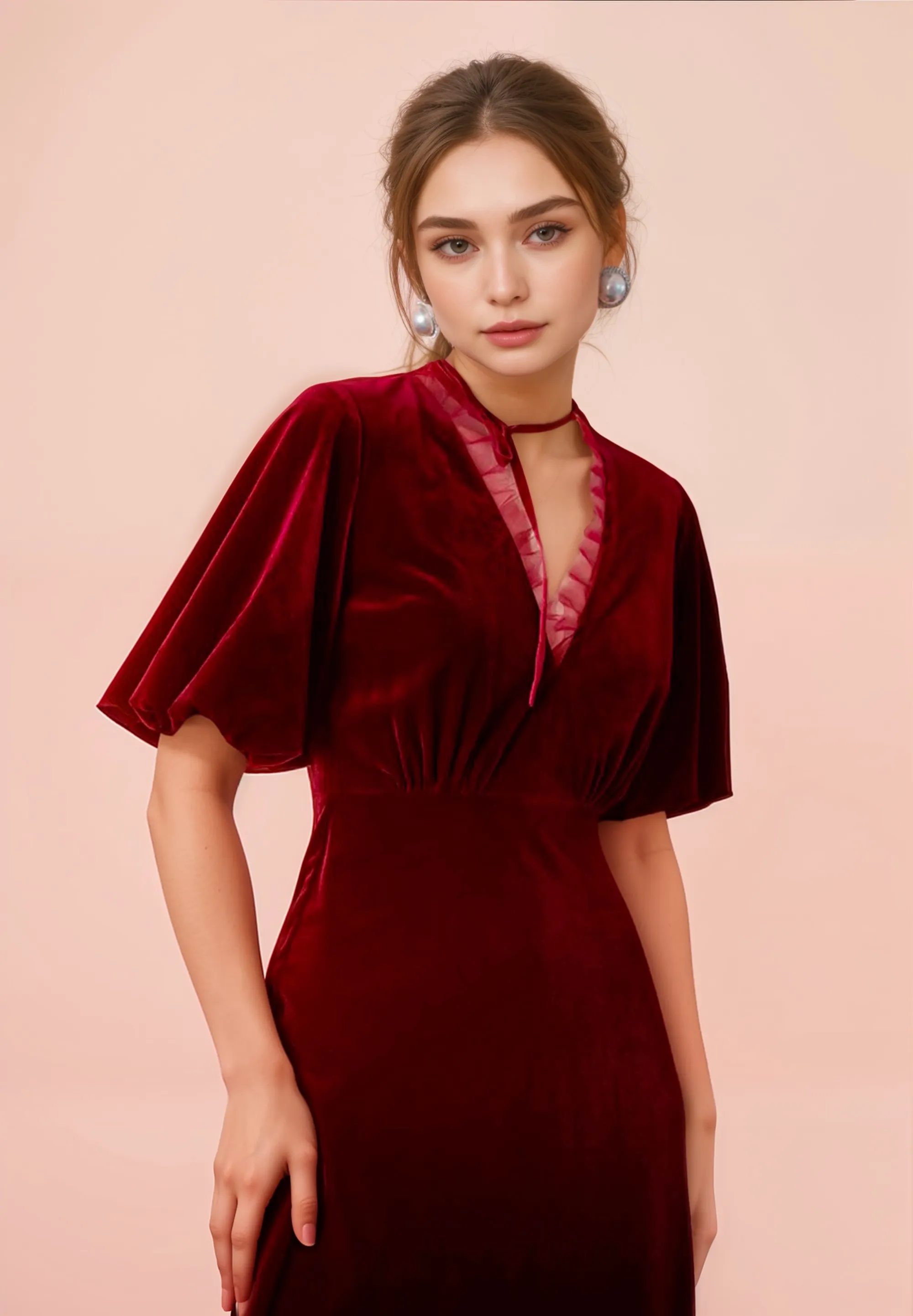 Deep V Neck Ruffled Tulle Hem Short Sleeves A-Line Velvet Prom Dress