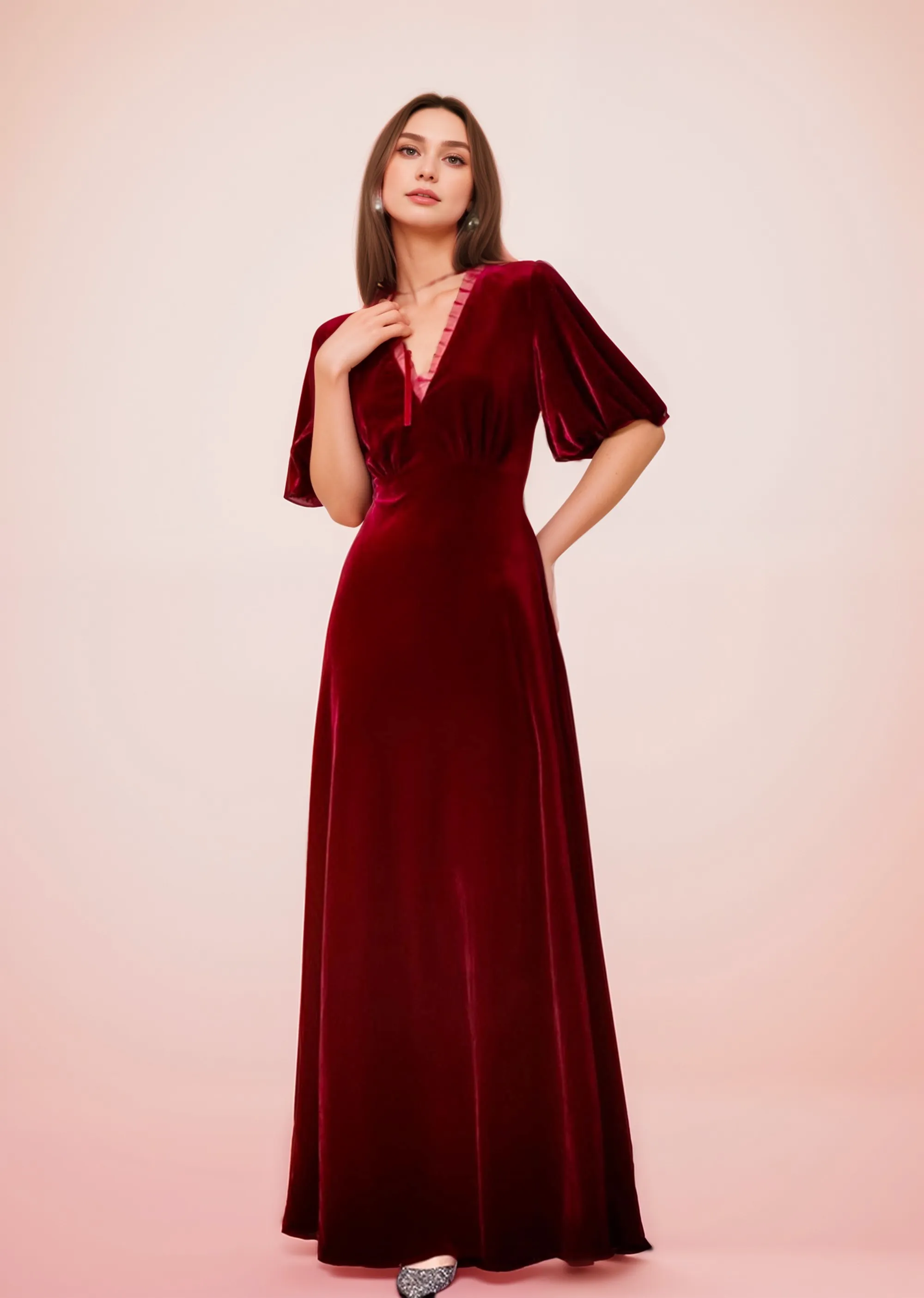 Deep V Neck Ruffled Tulle Hem Short Sleeves A-Line Velvet Prom Dress