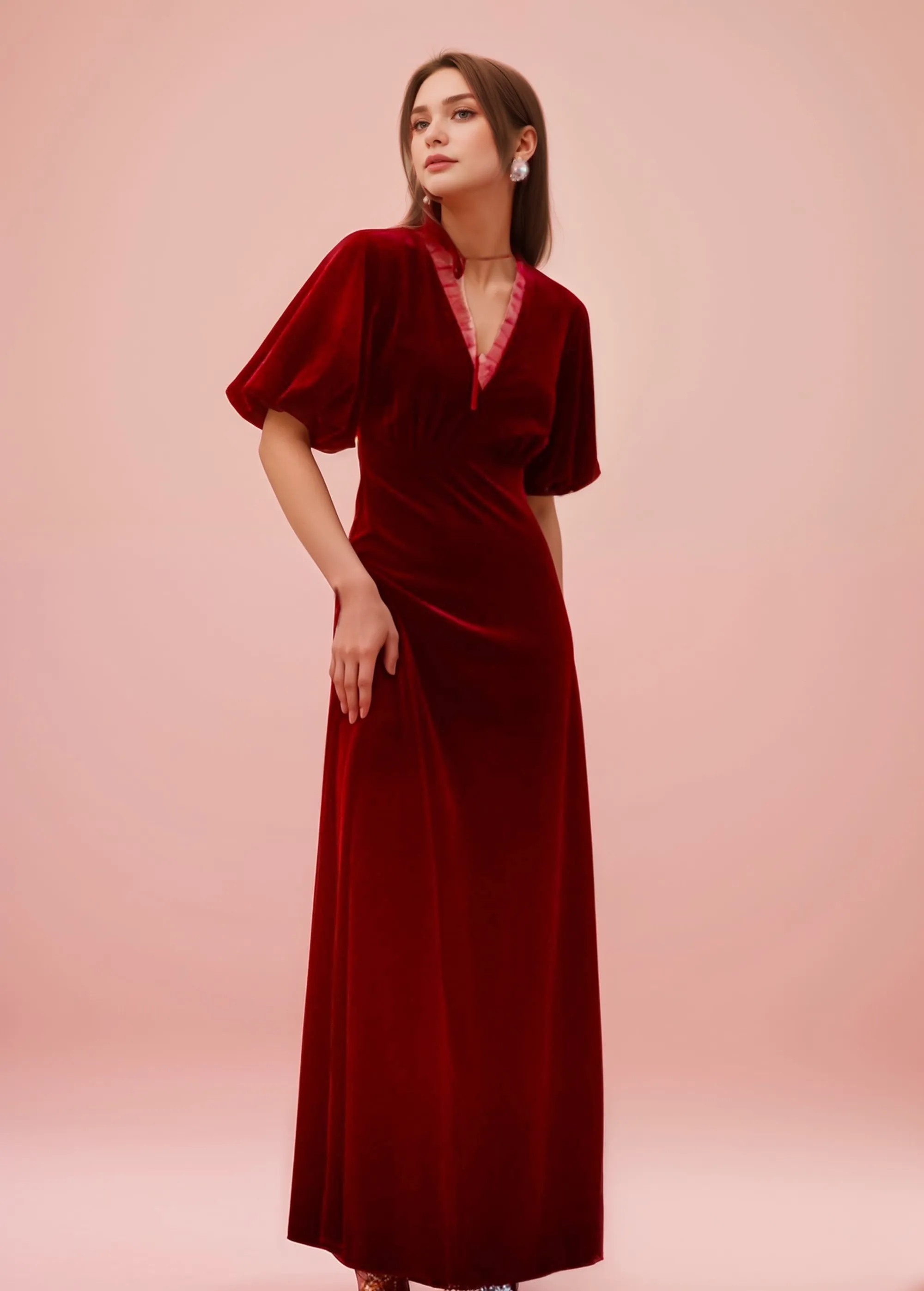 Deep V Neck Ruffled Tulle Hem Short Sleeves A-Line Velvet Prom Dress