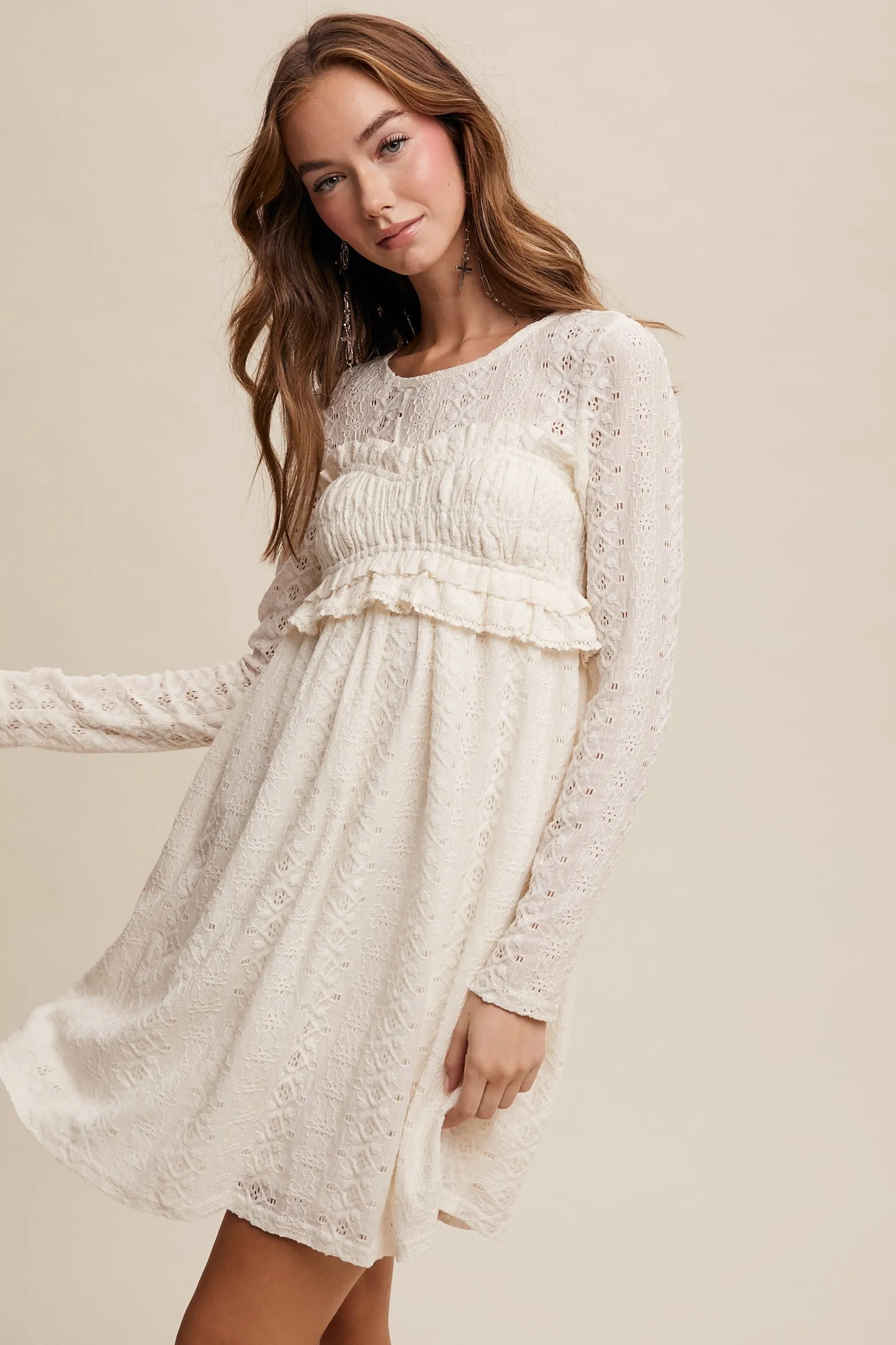 Delicate Lace Long-Sleeve Mini Dress
