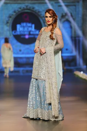 Designer embroidered gharara dress in blue and white color # B3351
