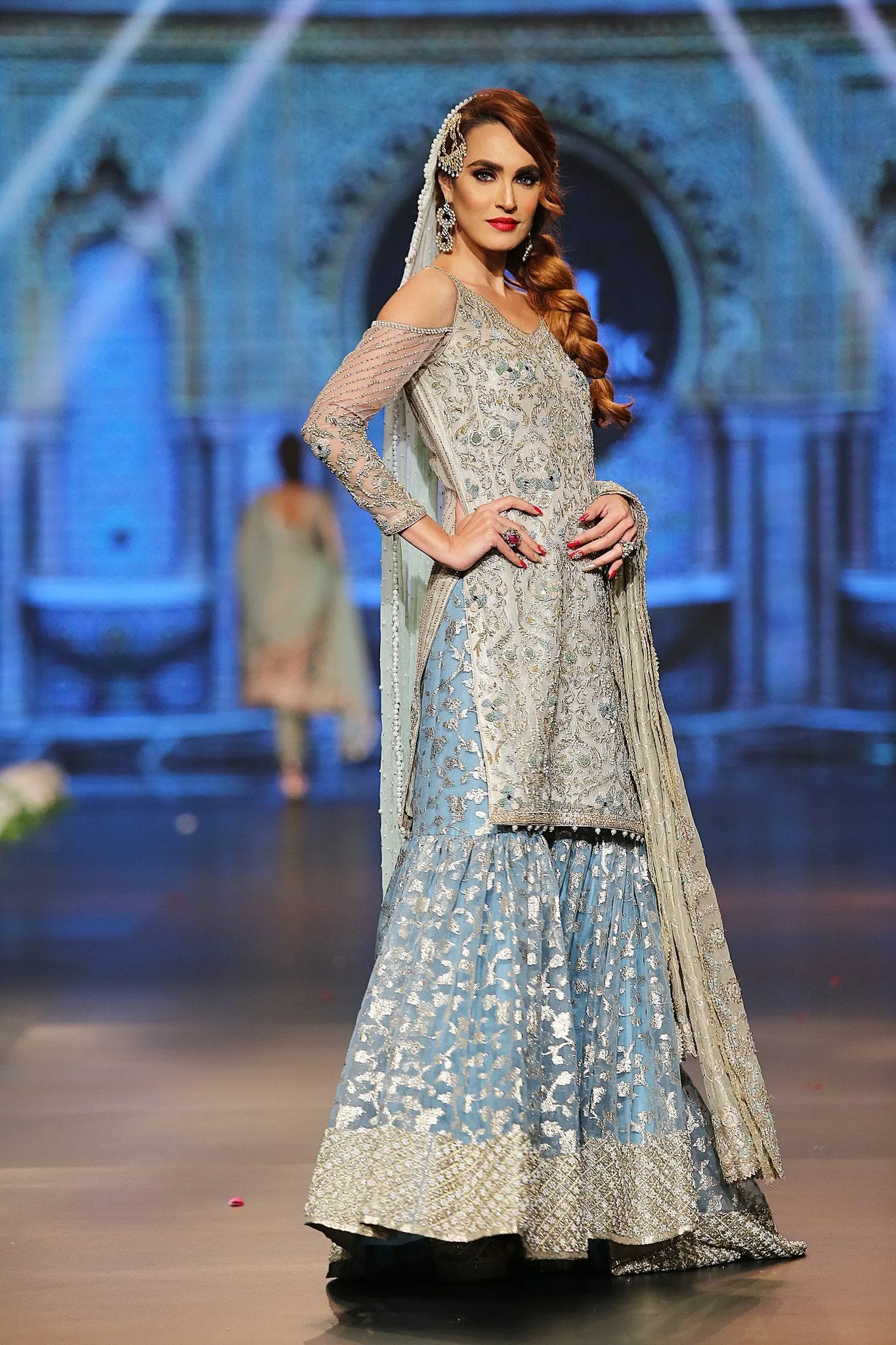 Designer embroidered gharara dress in blue and white color # B3351