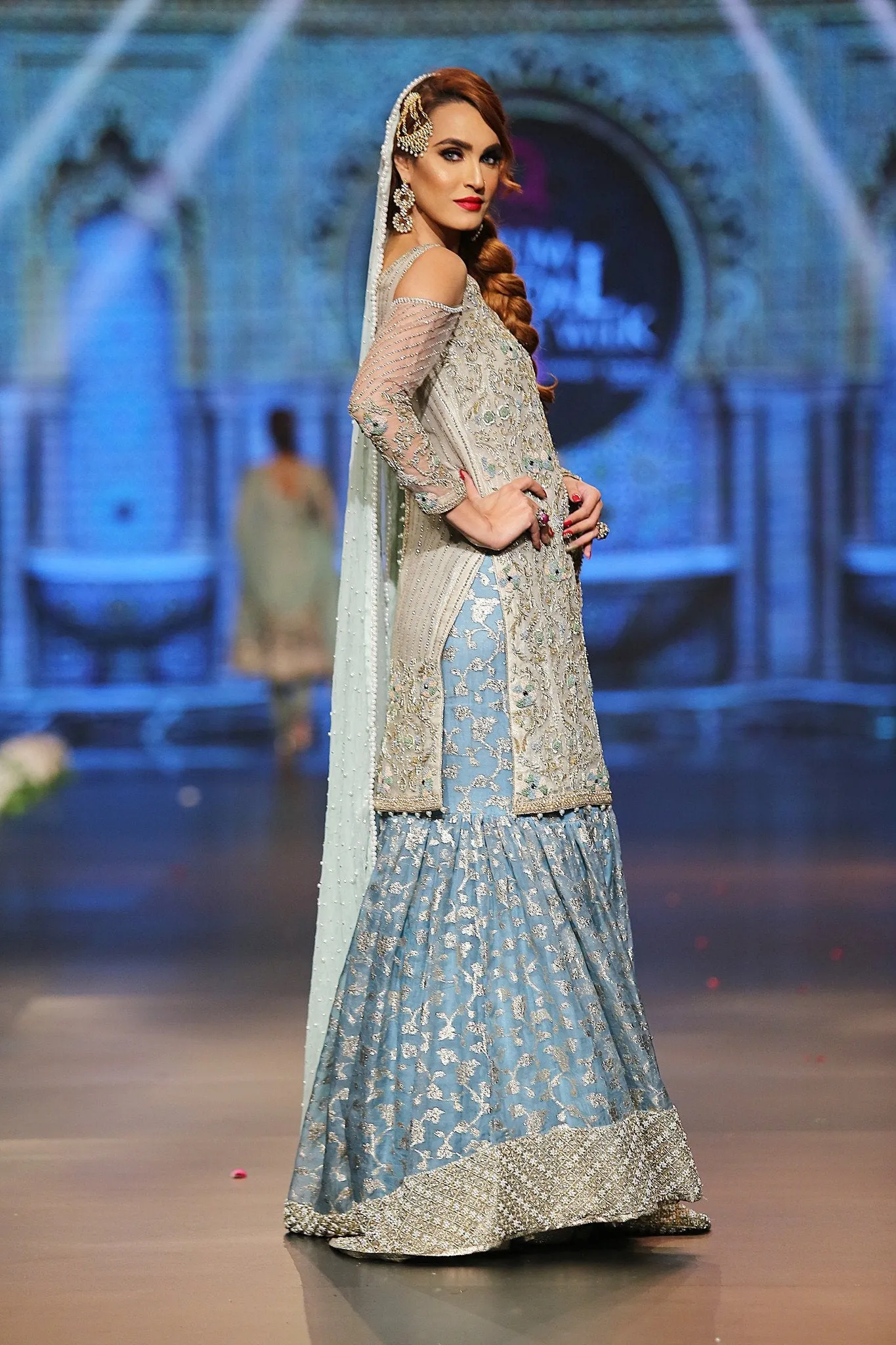 Designer embroidered gharara dress in blue and white color # B3351