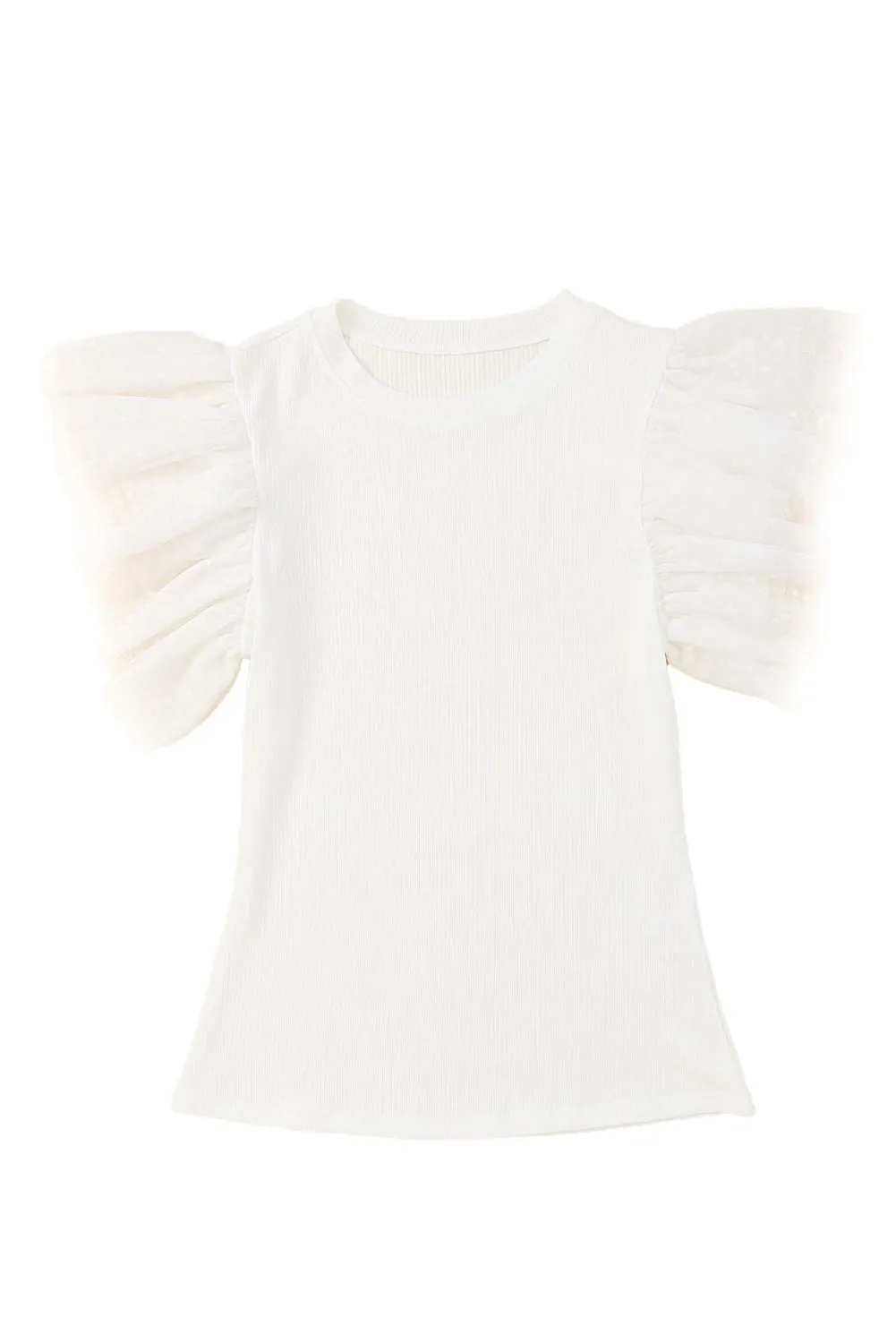 Dotty Mesh Ruffle Sleeve Ribbed Knit Top