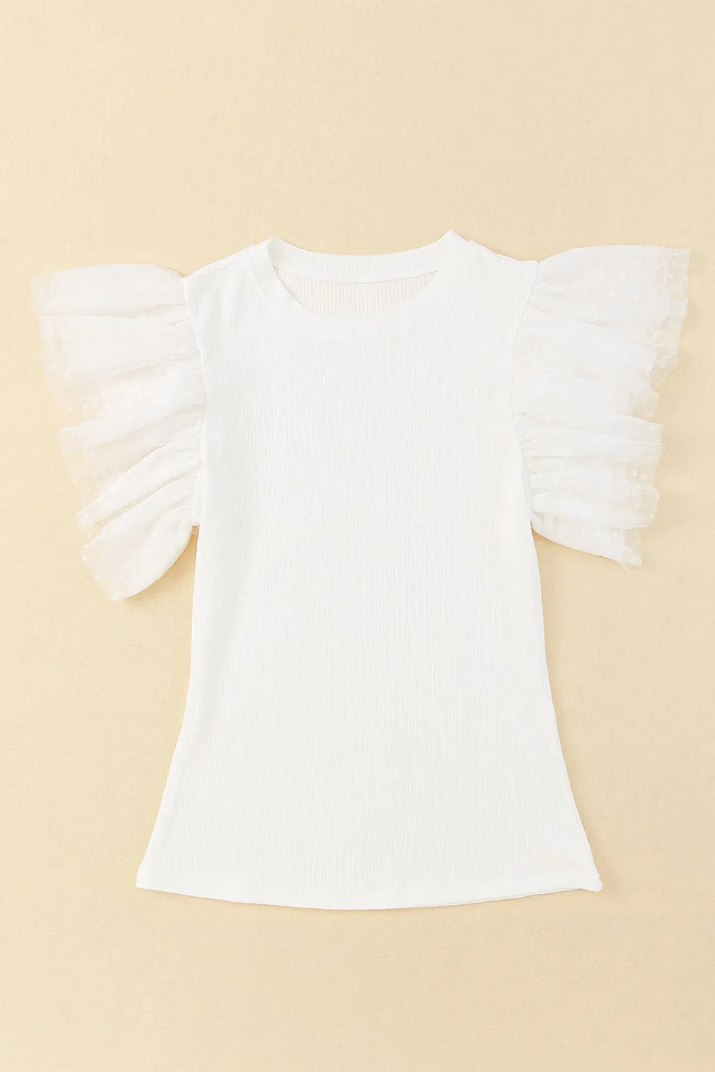 Dotty Mesh Ruffle Sleeve Ribbed Knit Top