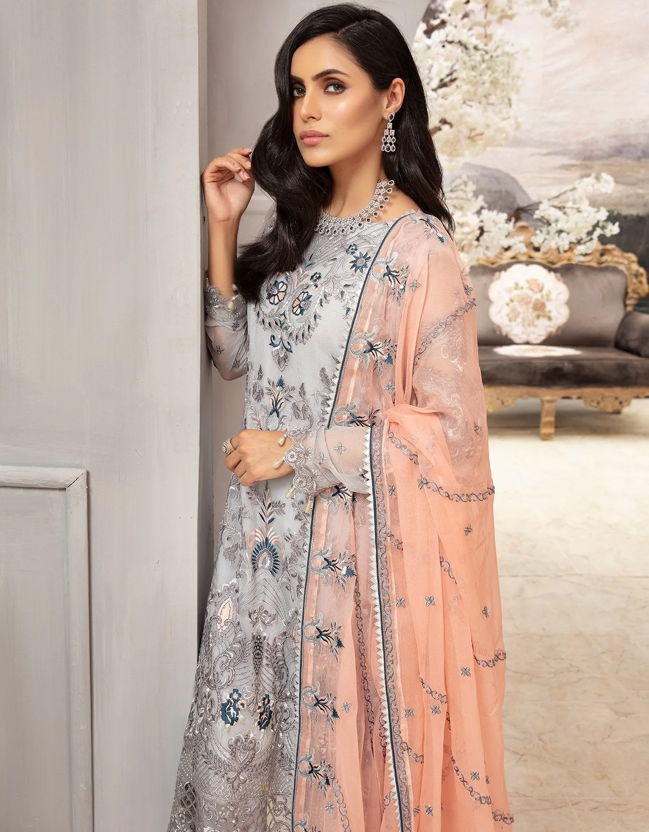 Elegant Steel Grey Chiffon Dress With Peach Combination # C2088