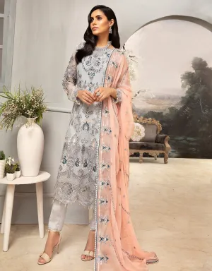 Elegant Steel Grey Chiffon Dress With Peach Combination # C2088