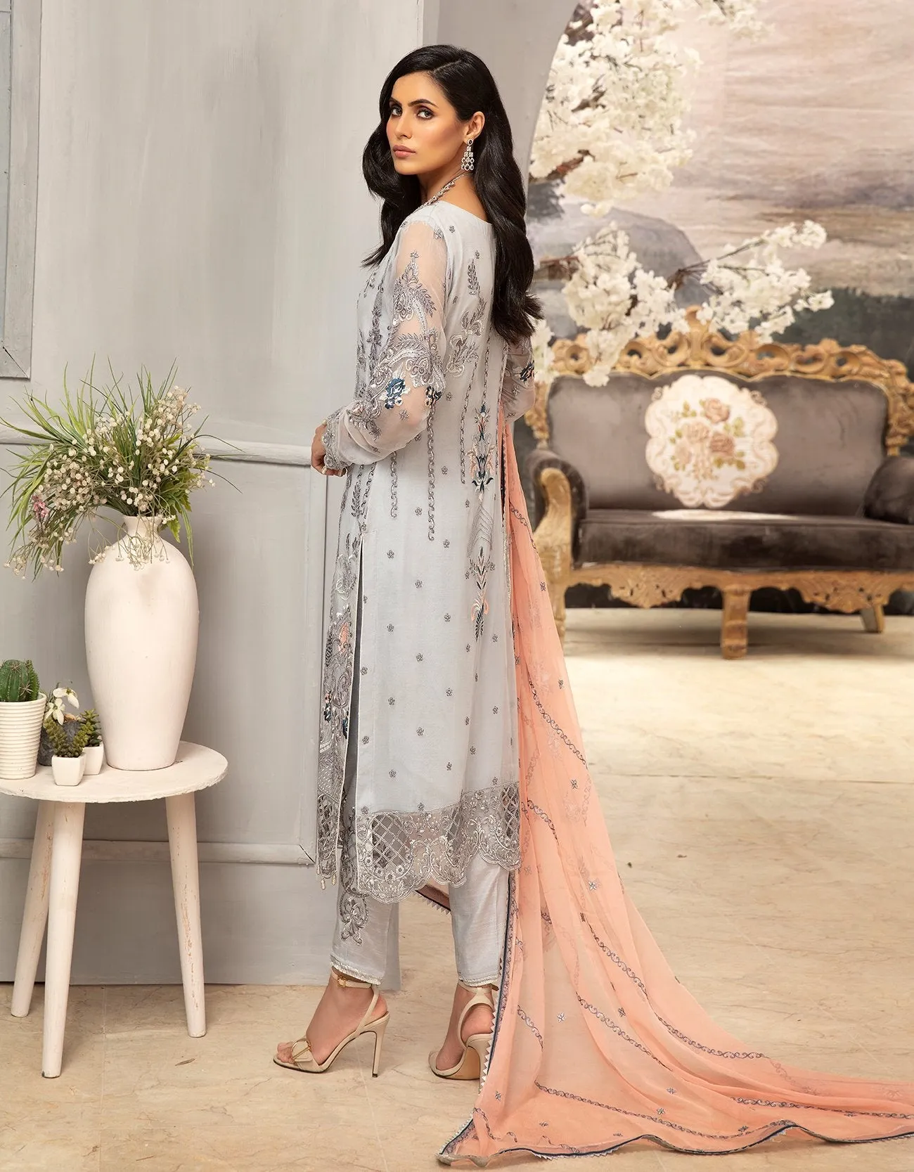 Elegant Steel Grey Chiffon Dress With Peach Combination # C2088