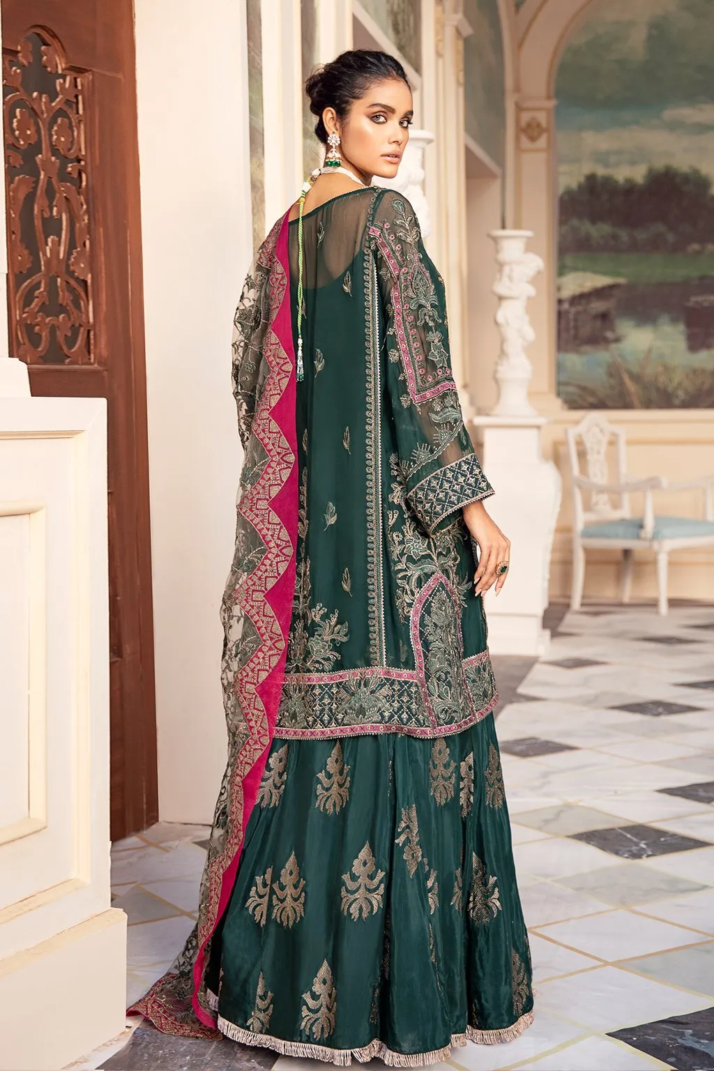 Embroidered Short Shirt with Lehnga in Bottle Green Color #Y6101