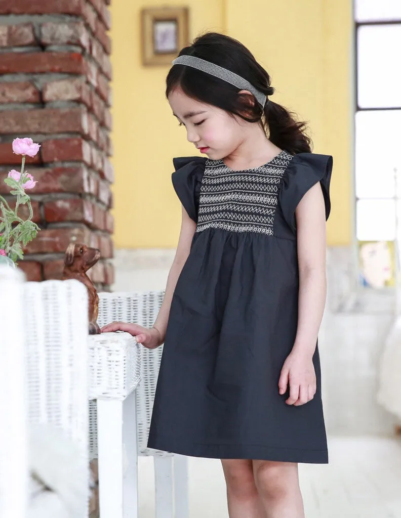 Embroidered Trapeze Dress Charcoal