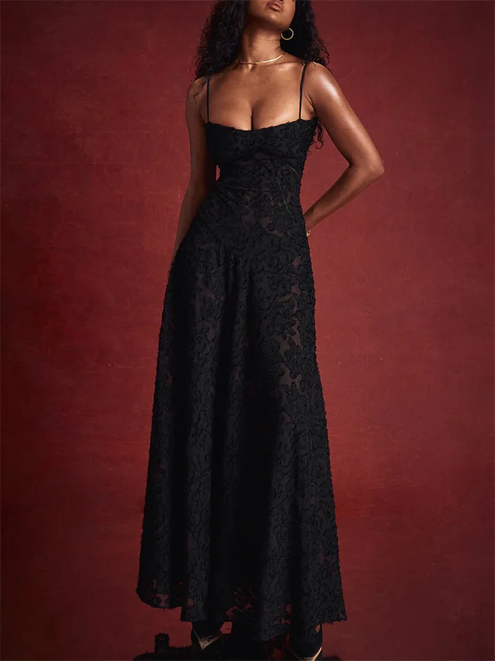 Female Sexy Black Embroidered Strappy Evening Dresses