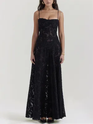 Female Sexy Black Embroidered Strappy Evening Dresses