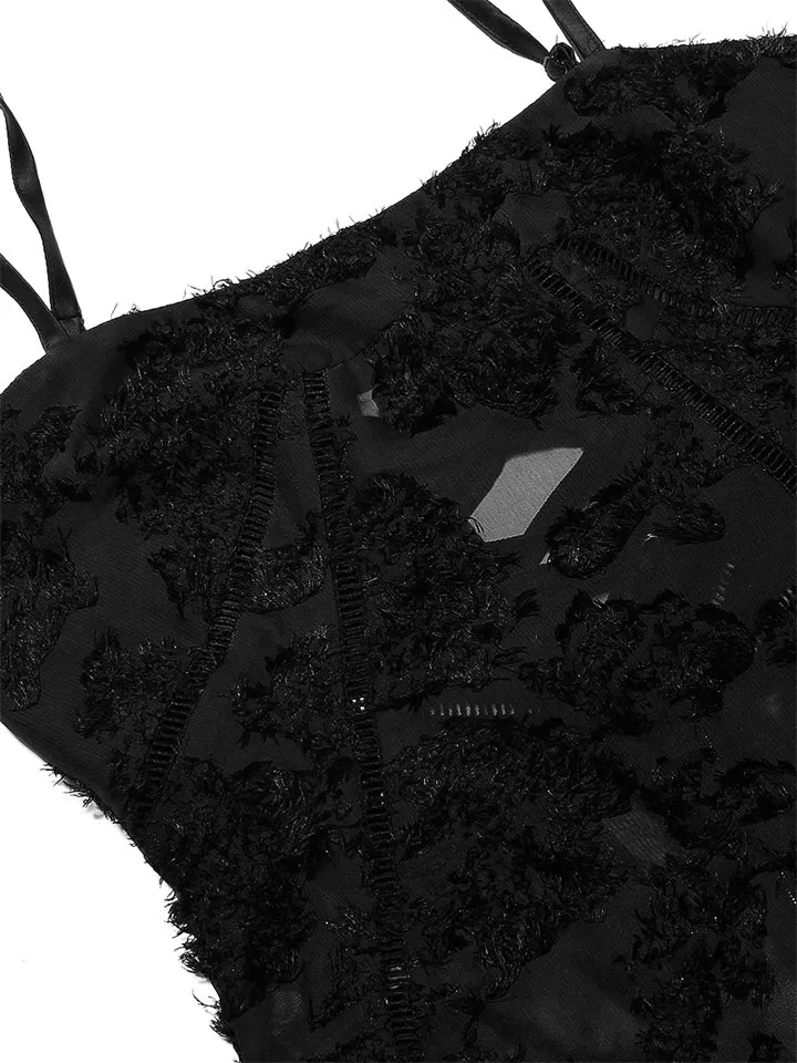 Female Sexy Black Embroidered Strappy Evening Dresses