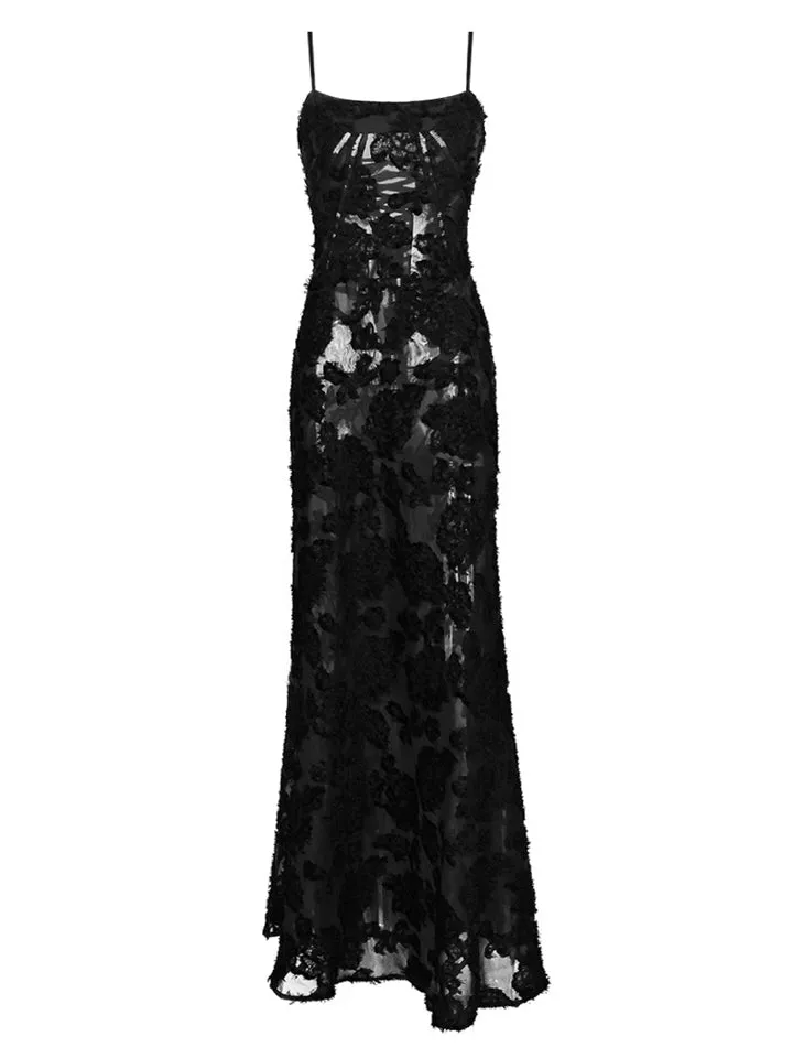 Female Sexy Black Embroidered Strappy Evening Dresses
