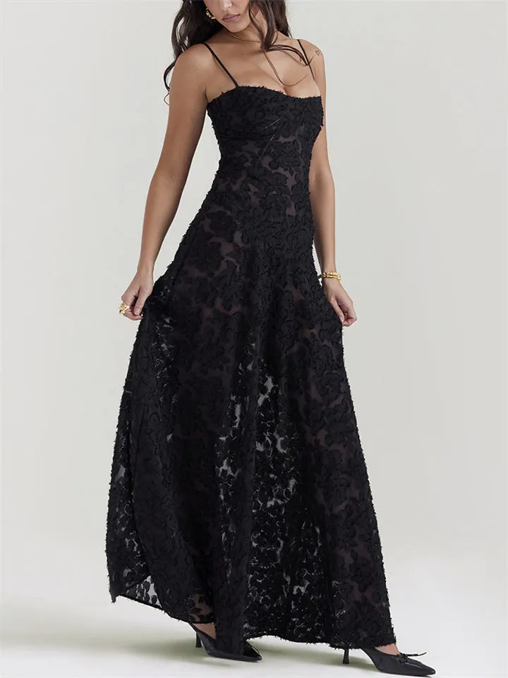 Female Sexy Black Embroidered Strappy Evening Dresses