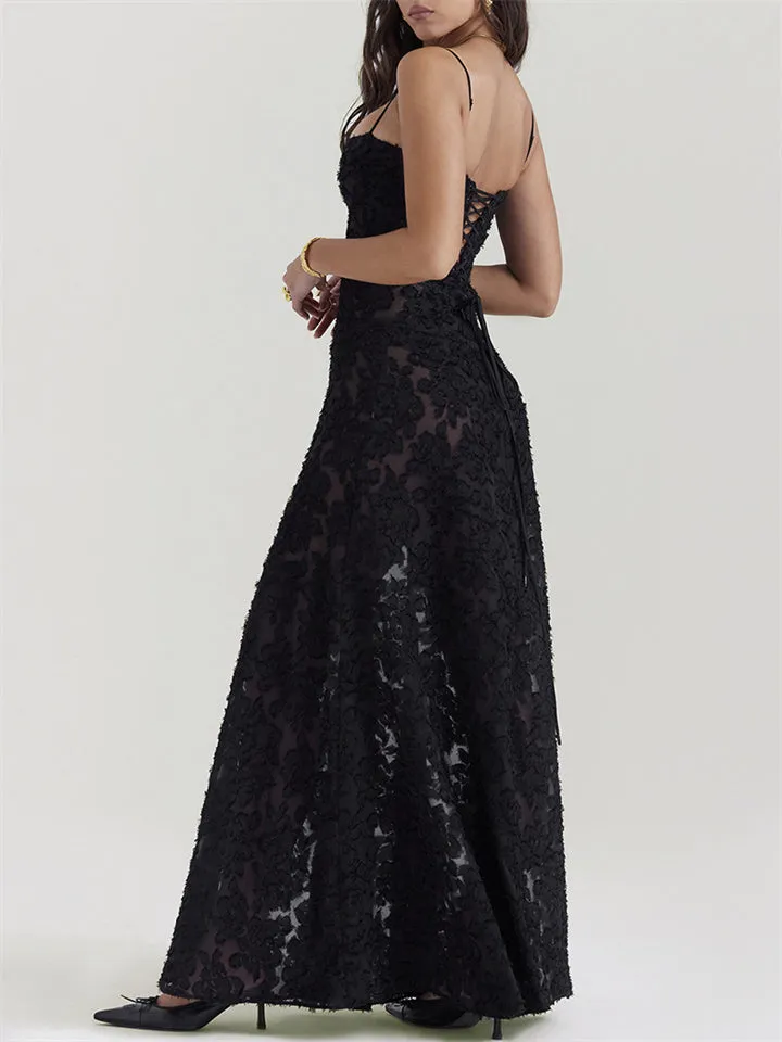 Female Sexy Black Embroidered Strappy Evening Dresses