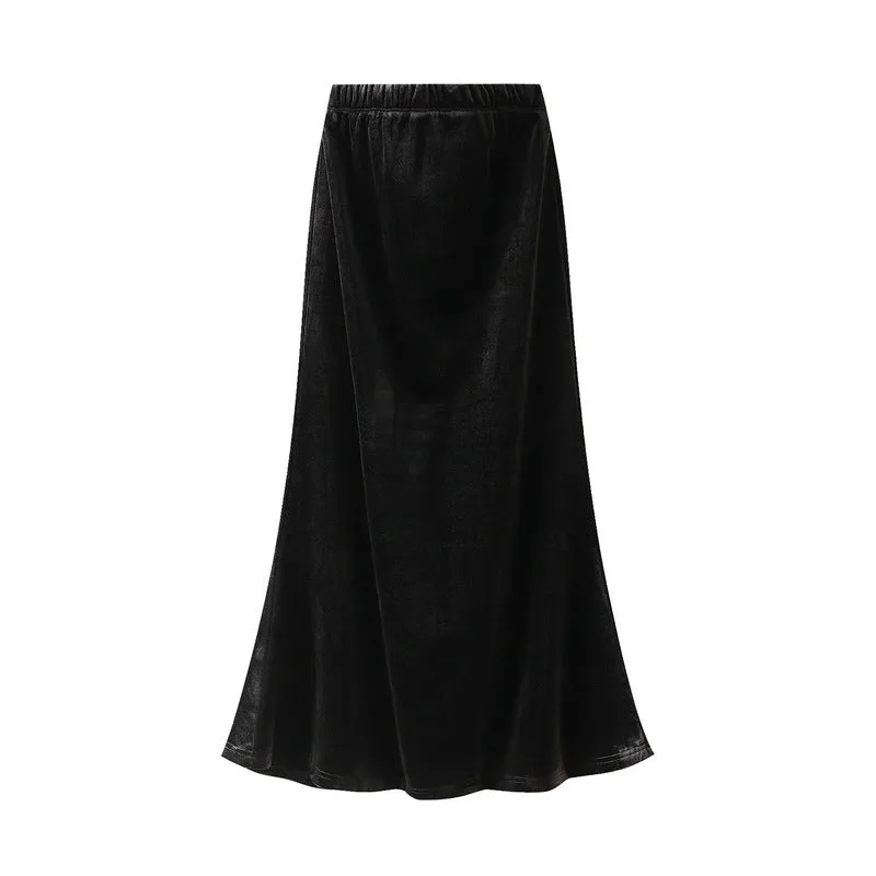 Fishtail High Waist Midi Velvet Skirt