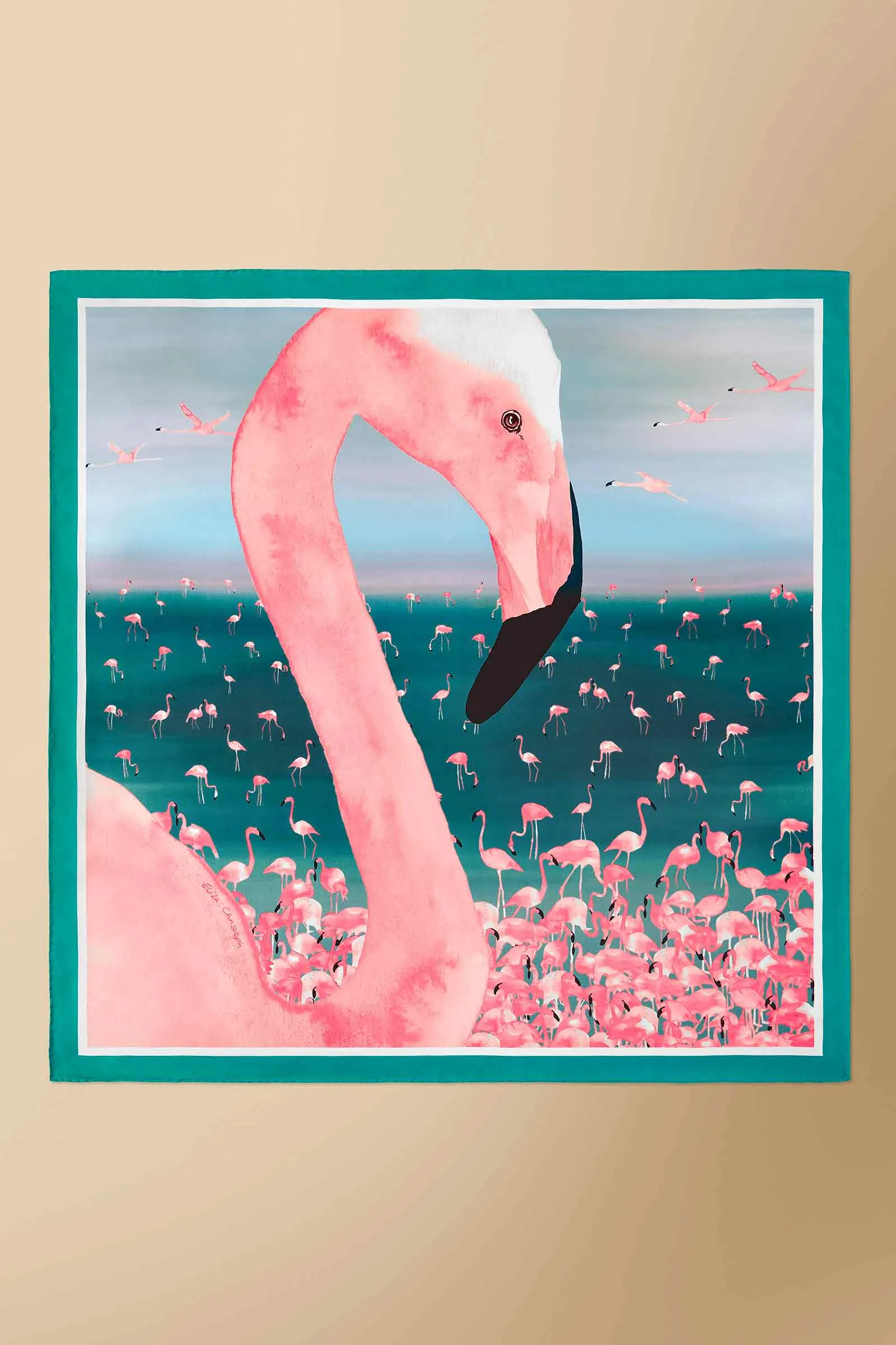 Flamingos Silk Twill Scarf in Teal 55