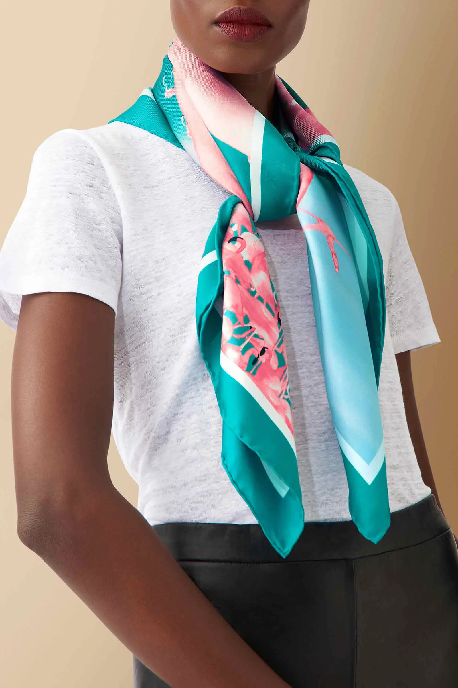 Flamingos Silk Twill Scarf in Teal
