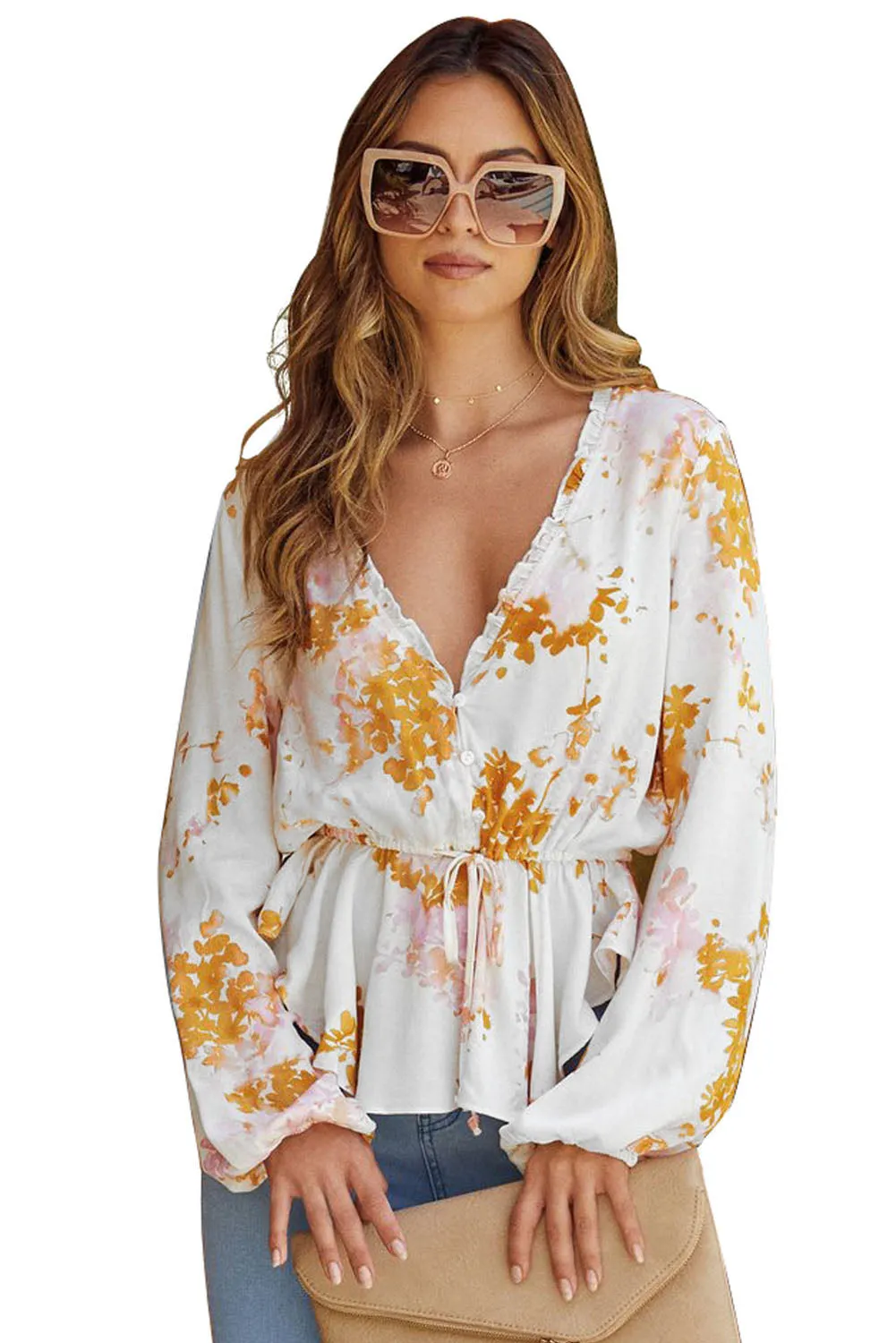 Floral V Neck Ruffle Tie Waist Bubble Sleeve Blouse