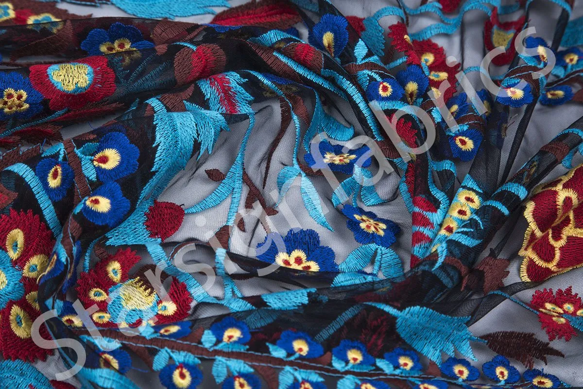 Flower Patterned Blue Color Thread Embroidered Fabric