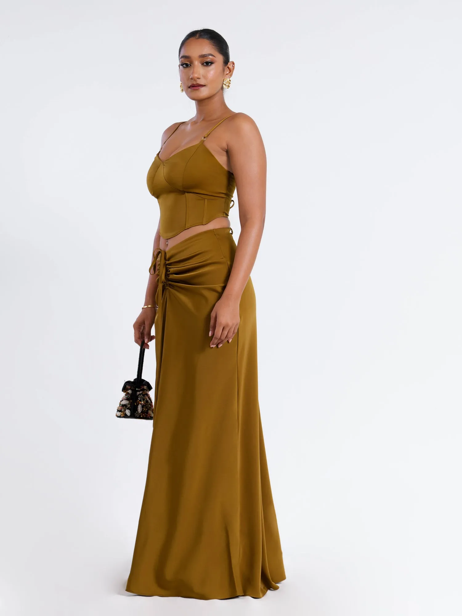 Front Ruched Satin Maxi Skirt