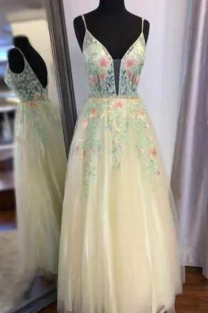 Gorgeous Straps A Line Floral Embroidered Long Prom Formal Dresses