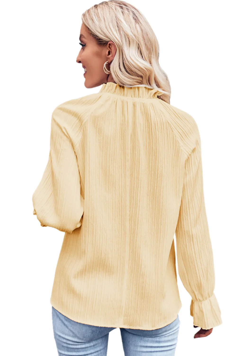 Green Frilled Mock Neck Ripple Bubble Sleeve Blouse