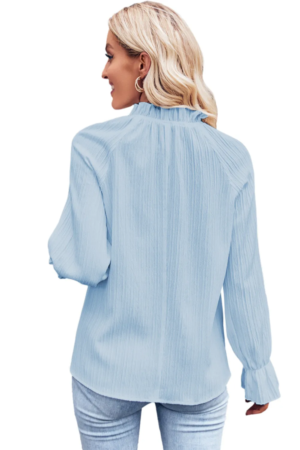 Green Frilled Mock Neck Ripple Bubble Sleeve Blouse