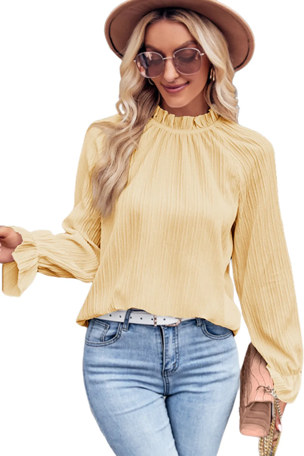 Green Frilled Mock Neck Ripple Bubble Sleeve Blouse