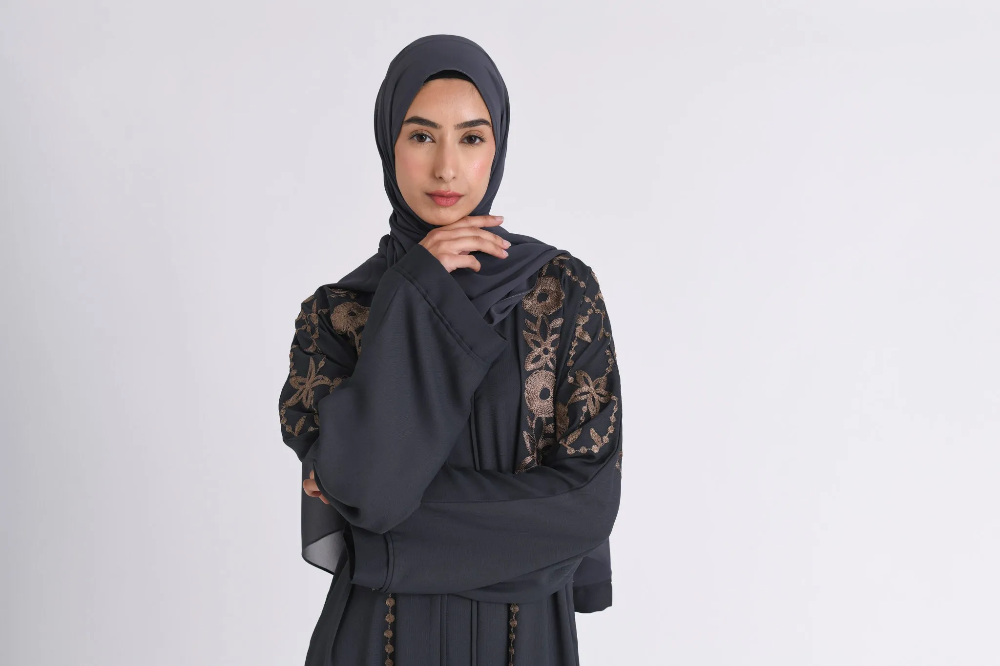 Grey Embroidered Closed Abaya (Premium)