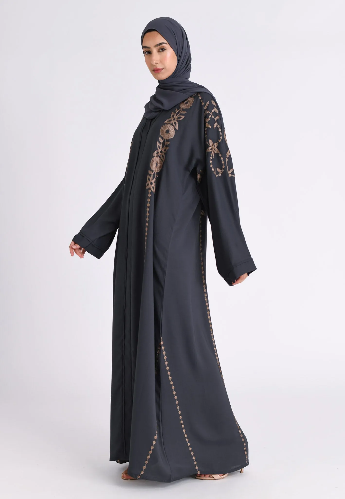 Grey Embroidered Closed Abaya (Premium)